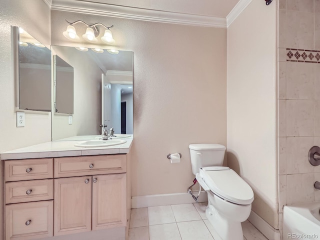 full bathroom with tiled shower / bath, toilet, vanity, crown molding, and tile patterned flooring