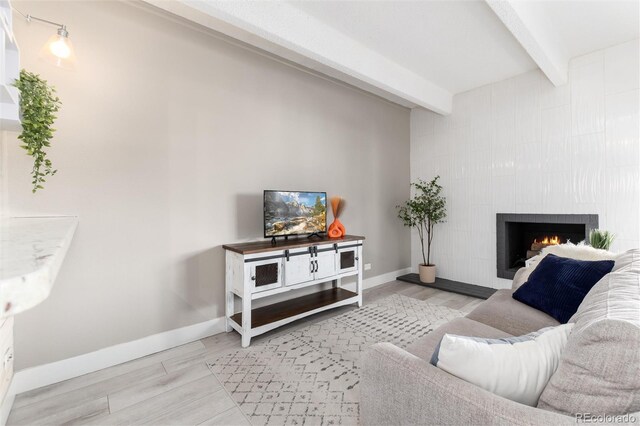 555 E 10th Ave Unit 206, Denver, CO 80203 - living area featuring beamed ceiling, light wood-type flooring, and a fireplace