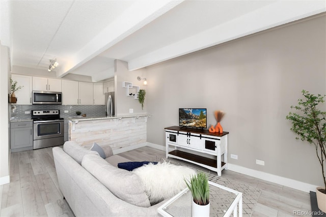 555 E 10th Ave Unit 206, Denver, CO 80203 - living area featuring light wood-type flooring and beam ceiling