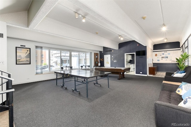 555 E 10th Ave Unit 206, Denver, CO 80203 - playroom with beamed ceiling, track lighting, billiards, and carpet flooring