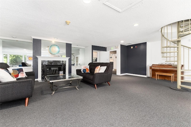 555 E 10th Ave Unit 206, Denver, CO 80203 - living area featuring carpet, a high end fireplace, stairs, a textured ceiling, and recessed lighting