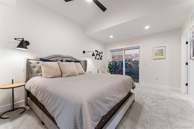 bedroom featuring carpet, baseboards, a ceiling fan, and access to exterior