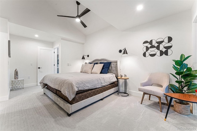 bedroom featuring carpet floors, baseboards, vaulted ceiling, ceiling fan, and recessed lighting