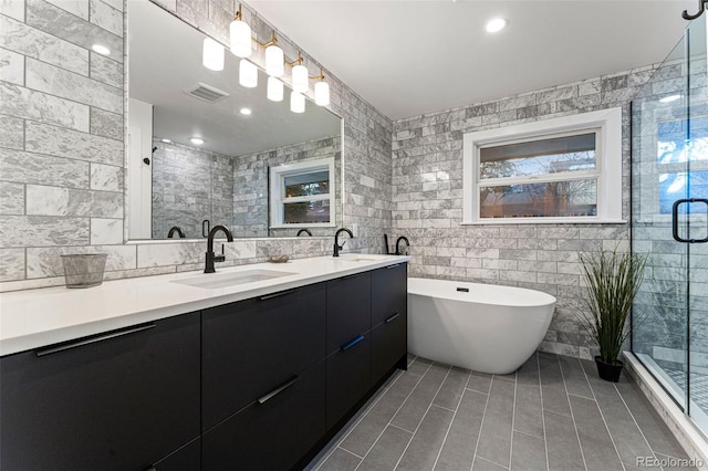 bathroom with a sink, double vanity, tile walls, and plenty of natural light