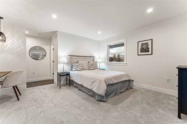 bedroom featuring baseboards, recessed lighting, and carpet floors