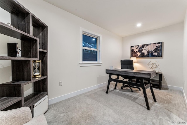 carpeted office space featuring baseboards and recessed lighting