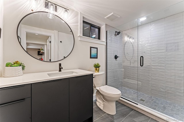 full bath featuring vanity, toilet, tile patterned flooring, and a shower stall