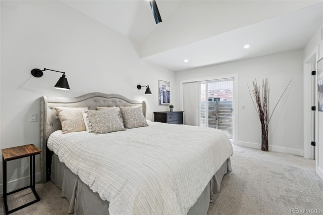 3275 19th St, Boulder, CO 80304 - bedroom with access to exterior, light colored carpet, baseboards, recessed lighting, and lofted ceiling