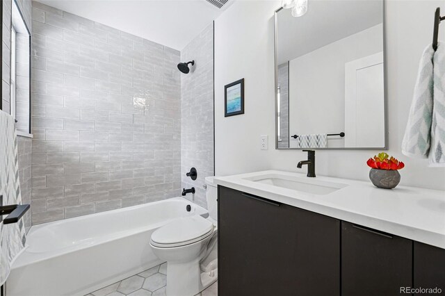 3275 19th St, Boulder, CO 80304 - full bathroom with vanity, shower / bath combination, toilet, and tile patterned floors