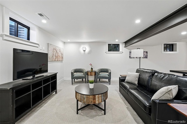 3275 19th St, Boulder, CO 80304 - living room featuring light carpet, baseboards, and recessed lighting