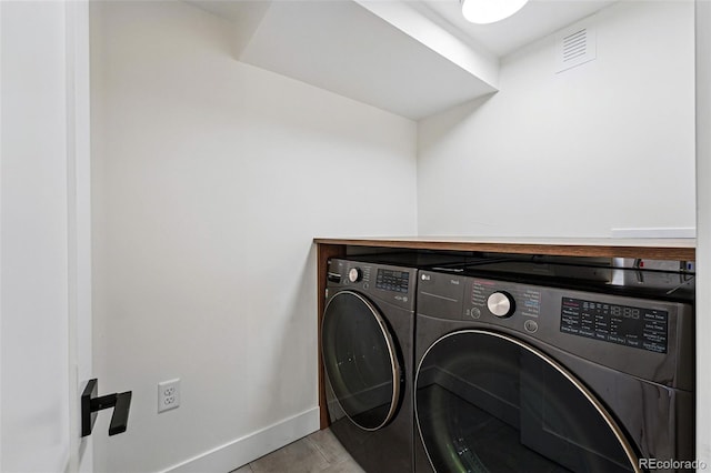 3275 19th St, Boulder, CO 80304 - laundry area with washing machine and dryer, tile patterned flooring, and baseboards