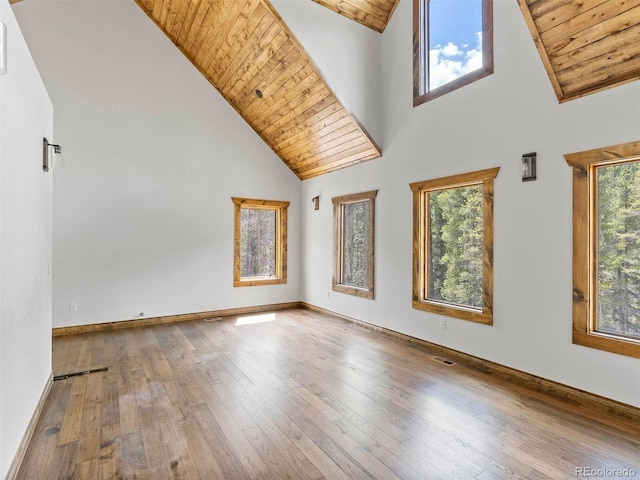 empty room featuring hardwood / wood-style flooring, wood ceiling, and high vaulted ceiling