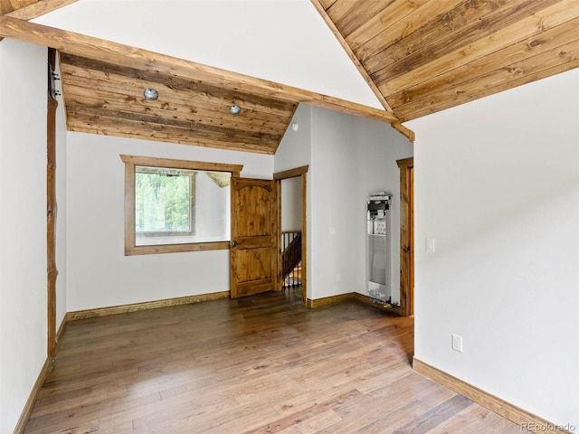 unfurnished room featuring vaulted ceiling, wood-type flooring, and wooden ceiling