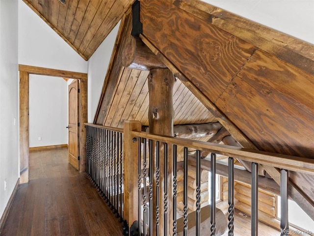 hallway featuring lofted ceiling, dark wood-type flooring, and wooden ceiling