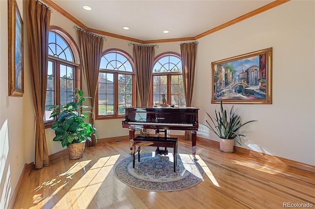 11541 Warrington Ct, Parker, CO 80138 - sitting room with baseboards, ornamental molding, wood finished floors, and recessed lighting