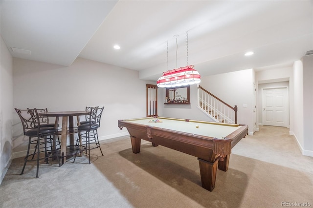 playroom with billiards and light carpet