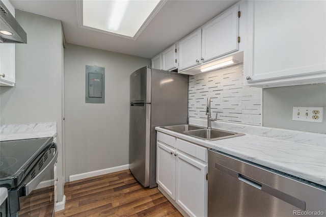 kitchen with white cabinets, electric panel, stainless steel appliances, and sink