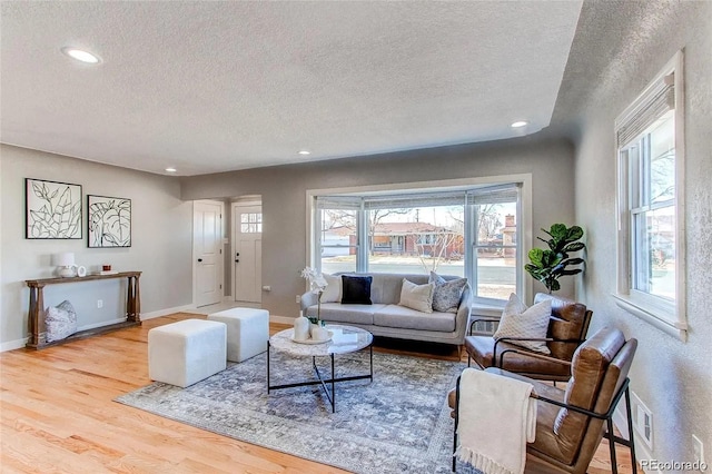 784 S 3rd Ave, Brighton, CO 80601 - living room featuring a textured ceiling, wood finished floors, recessed lighting, and baseboards