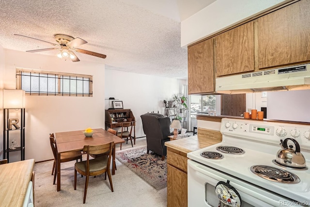 kitchen featuring white electric stove, light carpet, a wealth of natural light, and a textured ceiling