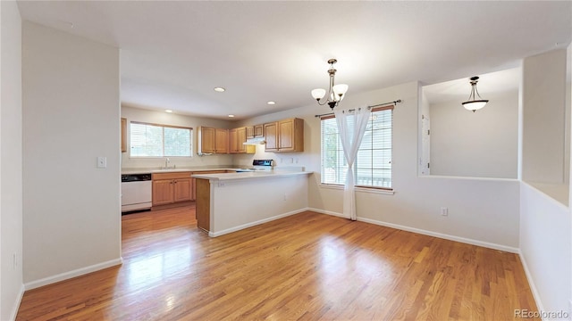 kitchen featuring white dishwasher, electric range, a sink, and light wood finished floors