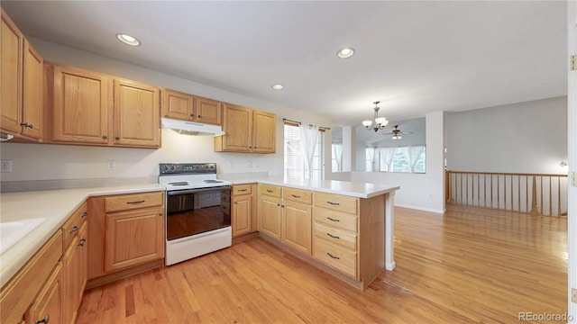 kitchen with white electric stove, light wood-style flooring, a peninsula, light countertops, and under cabinet range hood