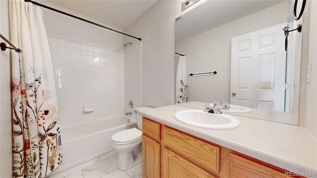 full bath with shower / bathtub combination with curtain, marble finish floor, vanity, and toilet