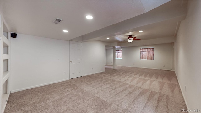 unfurnished room with baseboards, carpet flooring, visible vents, and recessed lighting