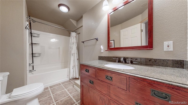 full bathroom with a textured wall, toilet, tile patterned flooring, shower / bathtub combination with curtain, and vanity