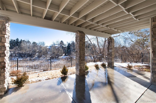 view of snow covered patio