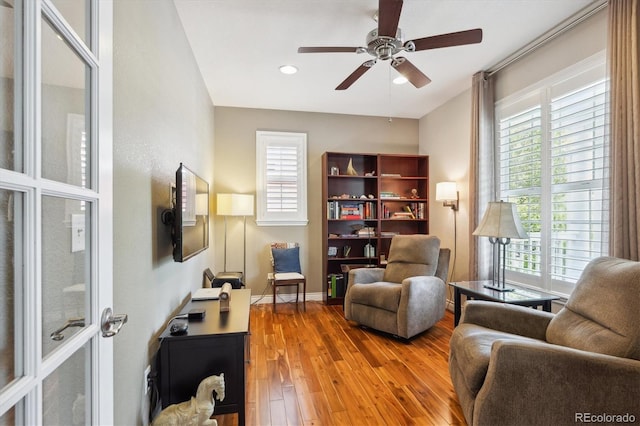 2723 Galena St, Denver, CO 80238 - sitting room with healthy amount of natural light, ceiling fan, hardwood / wood-style floors, and recessed lighting