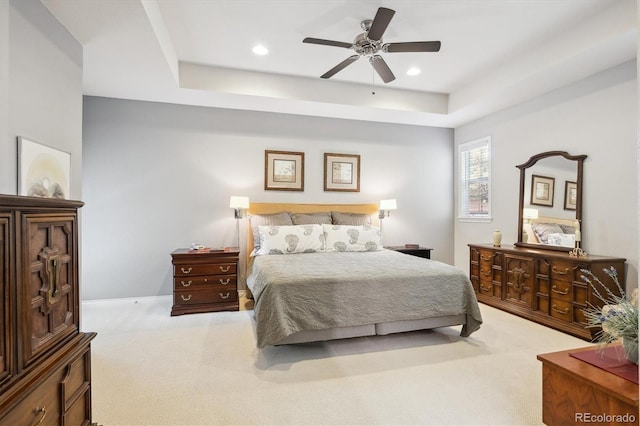 2723 Galena St, Denver, CO 80238 - bedroom with carpet, a tray ceiling, recessed lighting, ceiling fan, and baseboards