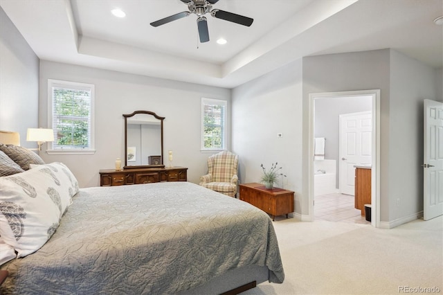 2723 Galena St, Denver, CO 80238 - bedroom with baseboards, light colored carpet, connected bathroom, recessed lighting, and a ceiling fan