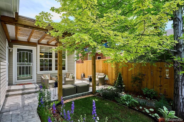 2723 Galena St, Denver, CO 80238 - view of patio with an outdoor hangout area and a pergola