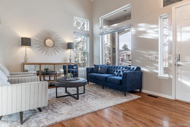 living room with hardwood / wood-style floors and a towering ceiling