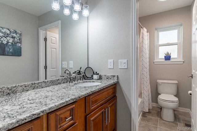 full bathroom featuring vanity, toilet, tile patterned floors, and shower / bath combo with shower curtain