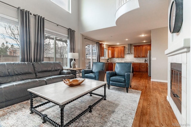 living room featuring light hardwood / wood-style floors, a healthy amount of sunlight, and a towering ceiling