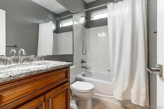 full bathroom featuring toilet, shower / bath combo, tile patterned flooring, and vanity