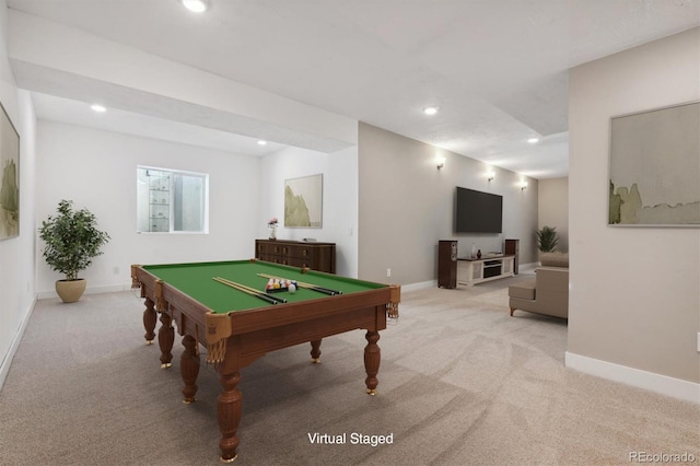 recreation room featuring light carpet and billiards