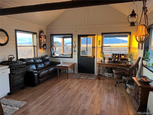 living room featuring beamed ceiling, high vaulted ceiling, and hardwood / wood-style flooring