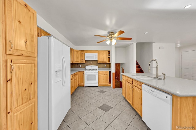 kitchen featuring white appliances, tasteful backsplash, ceiling fan, light countertops, and a sink