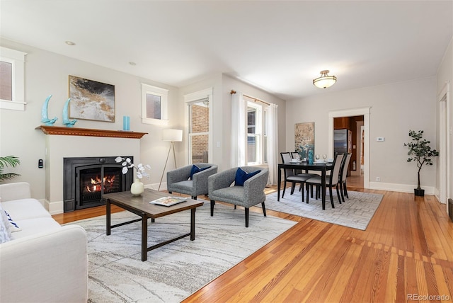 1121 S Ogden St, Denver, CO 80210 - living room with light wood-style floors, a warm lit fireplace, and baseboards