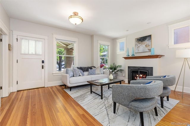 1121 S Ogden St, Denver, CO 80210 - living area featuring a lit fireplace, light wood finished floors, and baseboards