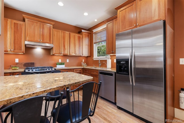 1121 S Ogden St, Denver, CO 80210 - kitchen with stainless steel appliances, under cabinet range hood, light stone countertops, recessed lighting, and a sink