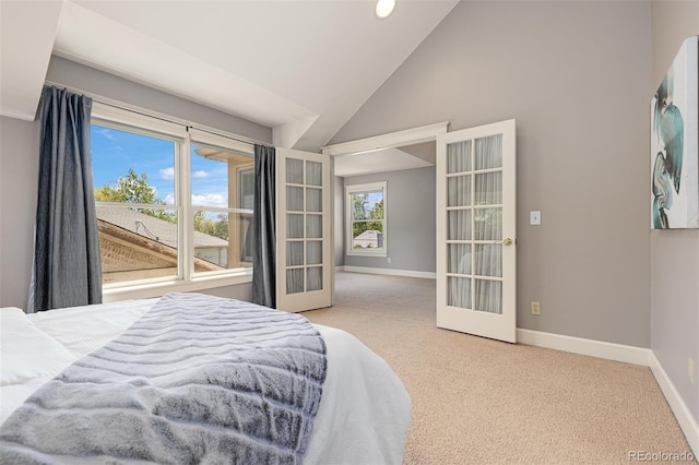 1121 S Ogden St, Denver, CO 80210 - bedroom with baseboards, carpet, lofted ceiling, and french doors