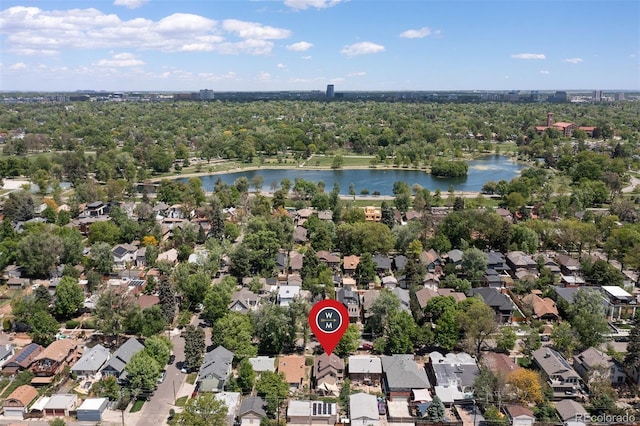 1121 S Ogden St, Denver, CO 80210 - aerial view of property's location with a large body of water and nearby suburban area