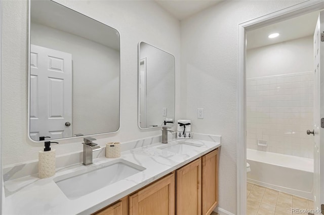 full bathroom featuring tile patterned floors, vanity, toilet, and shower / bathing tub combination