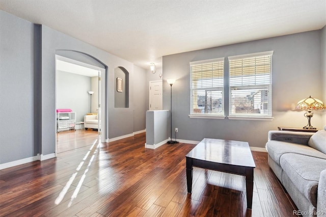 living room with dark hardwood / wood-style flooring