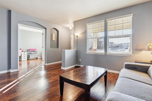 living room with dark hardwood / wood-style floors