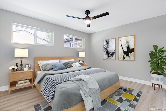 bedroom featuring light wood-type flooring and ceiling fan