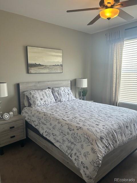 carpeted bedroom featuring ceiling fan and multiple windows